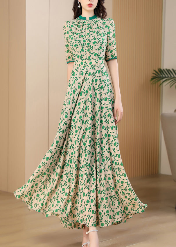 Handmade Green Print Wrinkled Chiffon Long Dress Summer