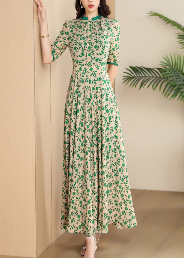 Handmade Green Print Wrinkled Chiffon Long Dress Summer