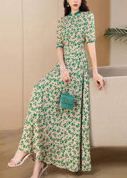 Handmade Green Print Wrinkled Chiffon Long Dress Summer