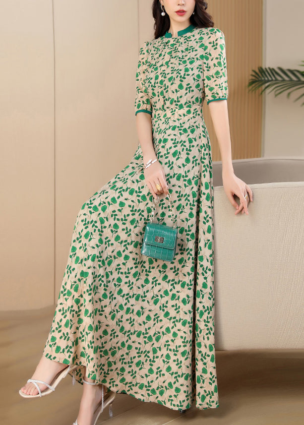 Handmade Green Print Wrinkled Chiffon Long Dress Summer