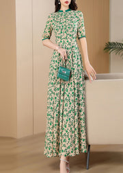 Handmade Green Print Wrinkled Chiffon Long Dress Summer