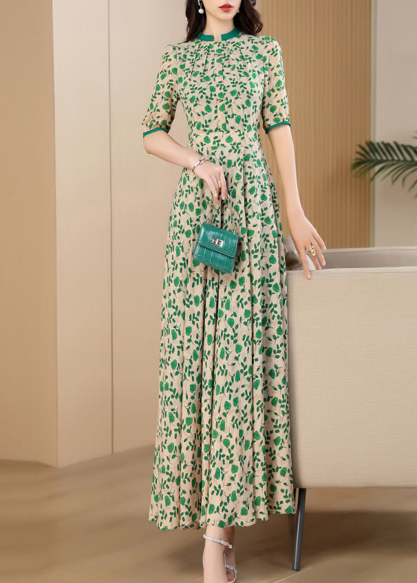 Handmade Green Print Wrinkled Chiffon Long Dress Summer