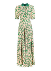 Handmade Green Print Wrinkled Chiffon Long Dress Summer