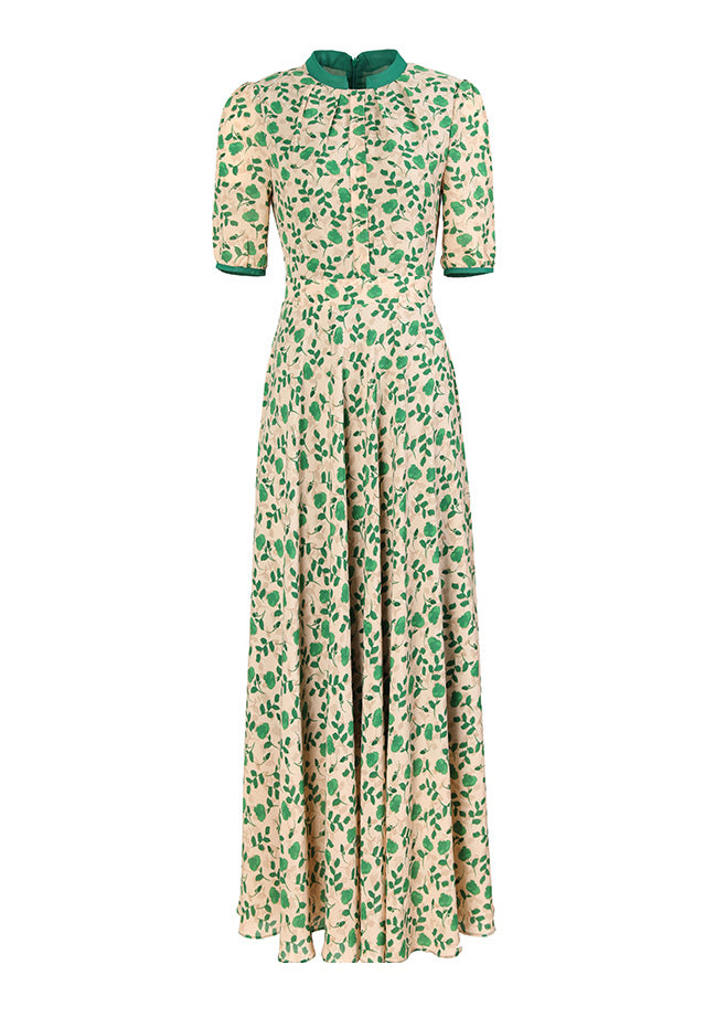 Handmade Green Print Wrinkled Chiffon Long Dress Summer