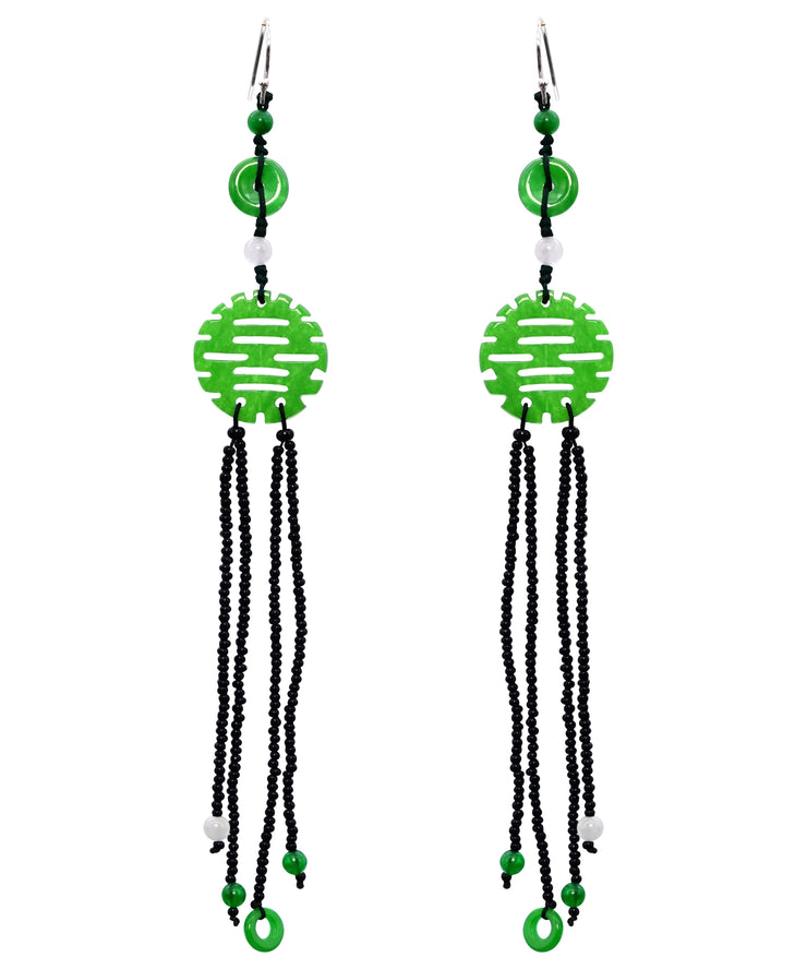 Handmade Green Sterling Silver Jade Tassel Glass Bea Drop Earrings