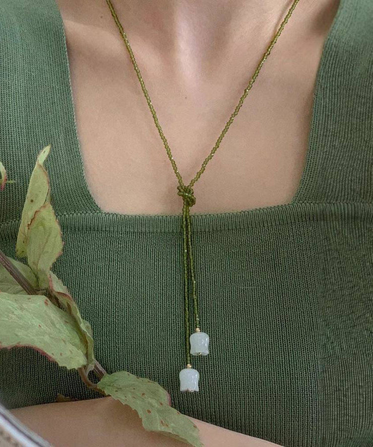 Handmade Green Weave Crystal Lily Of the Valley Beading Pendant Necklace