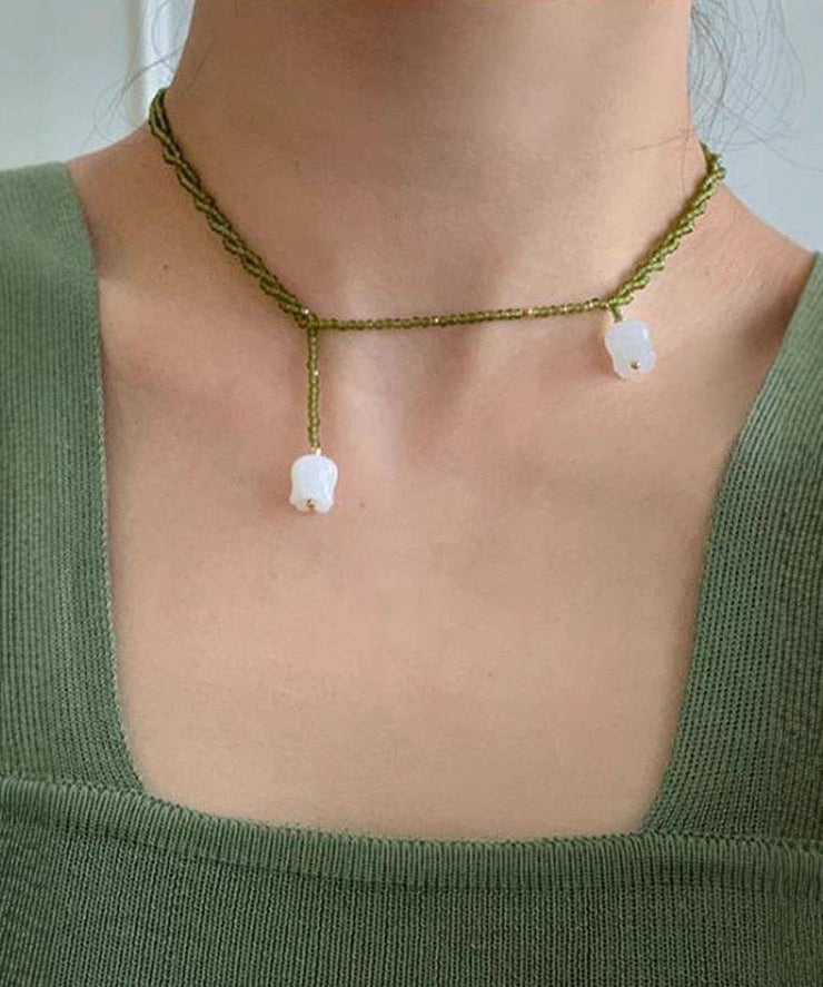 Handmade Green Weave Crystal Lily Of the Valley Beading Pendant Necklace