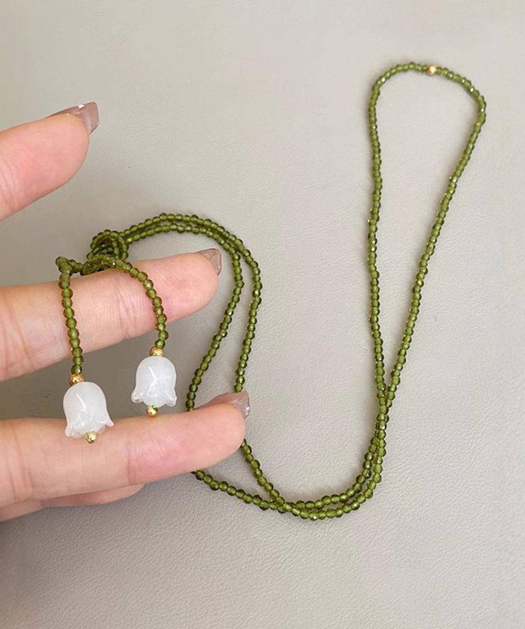 Handmade Green Weave Crystal Lily Of the Valley Beading Pendant Necklace