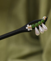 Handmade Green Wooden Lotus Pearl Tassel Hairpin