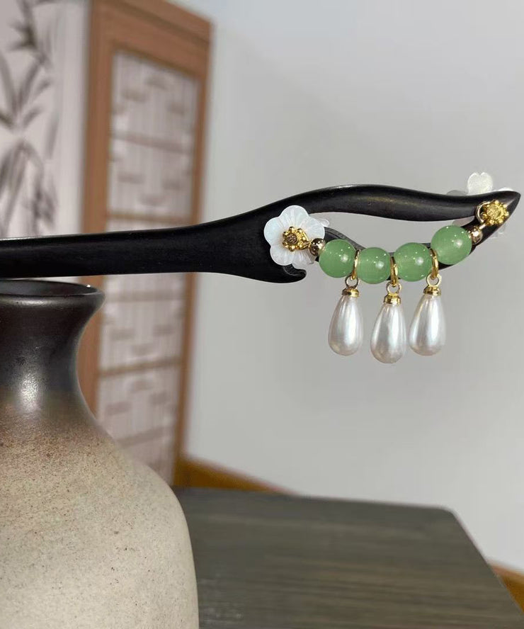 Handmade Green Wooden Lotus Pearl Tassel Hairpin