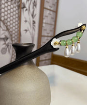 Handmade Green Wooden Lotus Pearl Tassel Hairpin