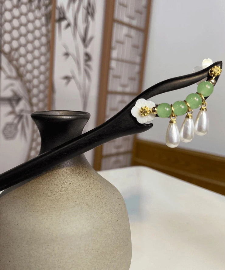 Handmade Green Wooden Lotus Pearl Tassel Hairpin