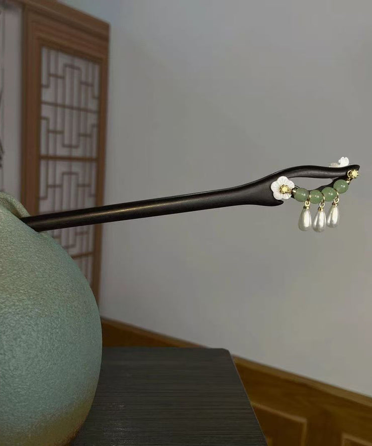 Handmade Green Wooden Lotus Pearl Tassel Hairpin