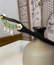 Handmade Green Wooden Lotus Pearl Tassel Hairpin