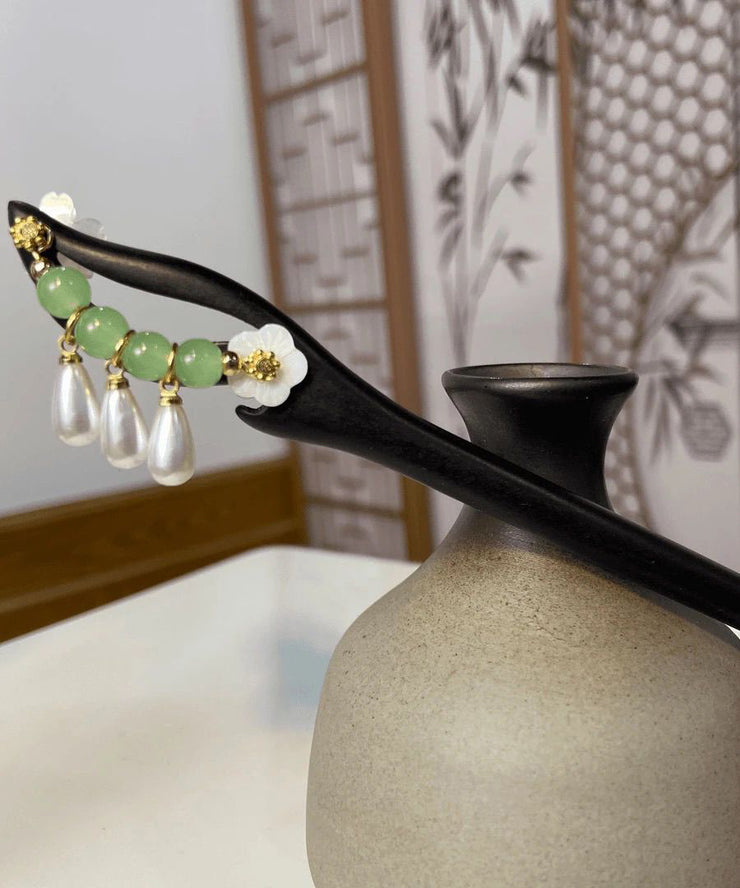 Handmade Green Wooden Lotus Pearl Tassel Hairpin