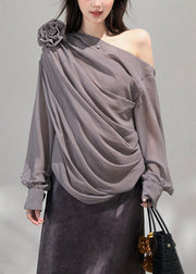 Handmade Grey Cold Shoulder Floral Chiffon Top Fall