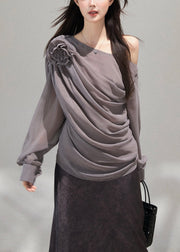Handmade Grey Cold Shoulder Floral Chiffon Top Fall