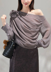 Handmade Grey Cold Shoulder Floral Chiffon Top Fall