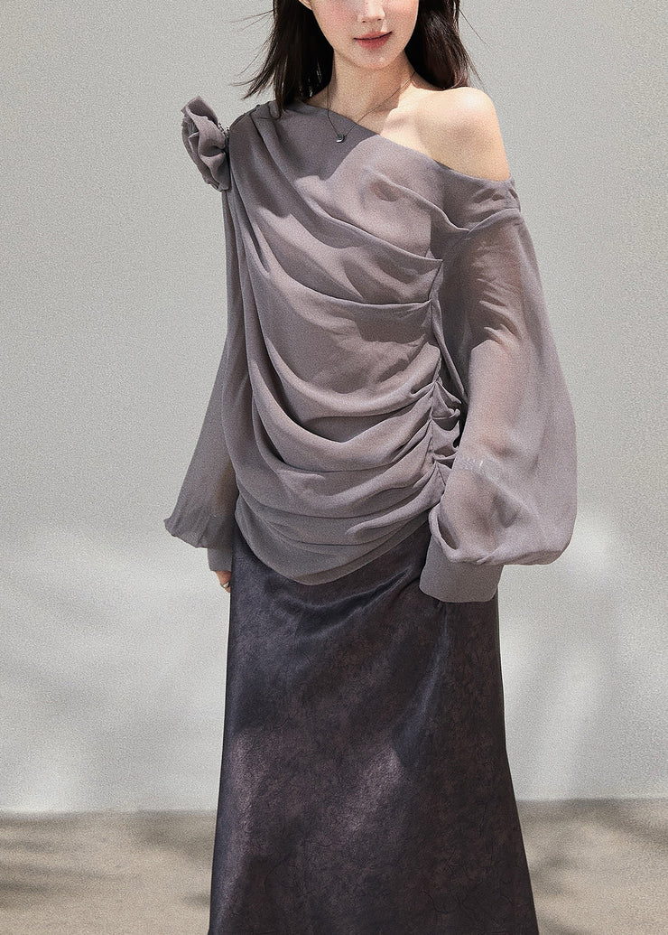 Handmade Grey Cold Shoulder Floral Chiffon Top Fall
