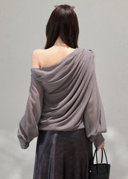Handmade Grey Cold Shoulder Floral Chiffon Top Fall