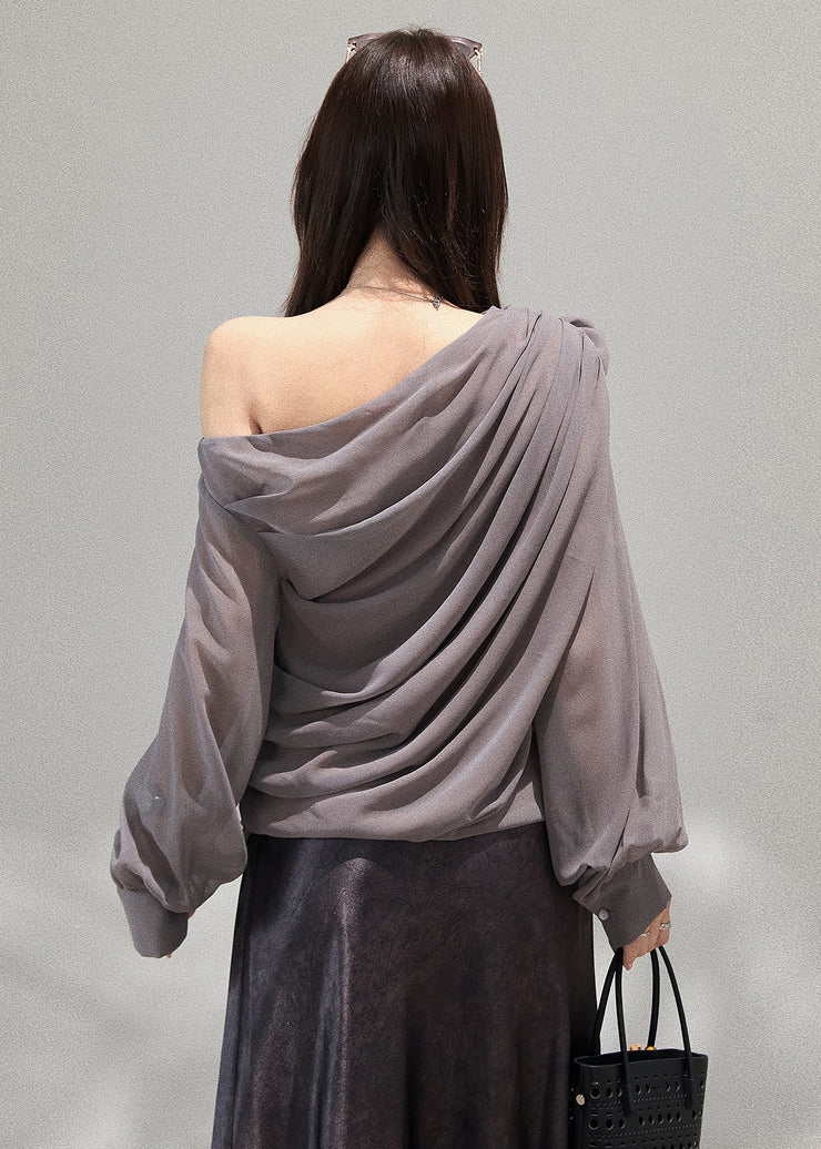 Handmade Grey Cold Shoulder Floral Chiffon Top Fall