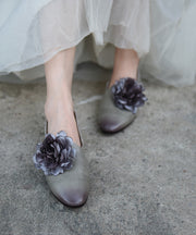 Handmade Grey Cowhide Leather Splicing Floral Flat Shoes