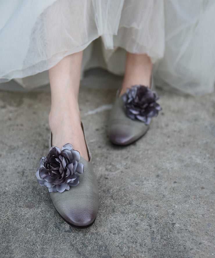 Handmade Grey Cowhide Leather Splicing Floral Flat Shoes