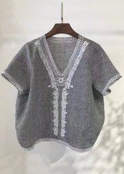 Handmade Grey Embroideried Plaid Linen Beach Vest Summer