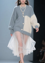 Handmade Grey O Neck Tulle Patchwork Knit Dress Fall
