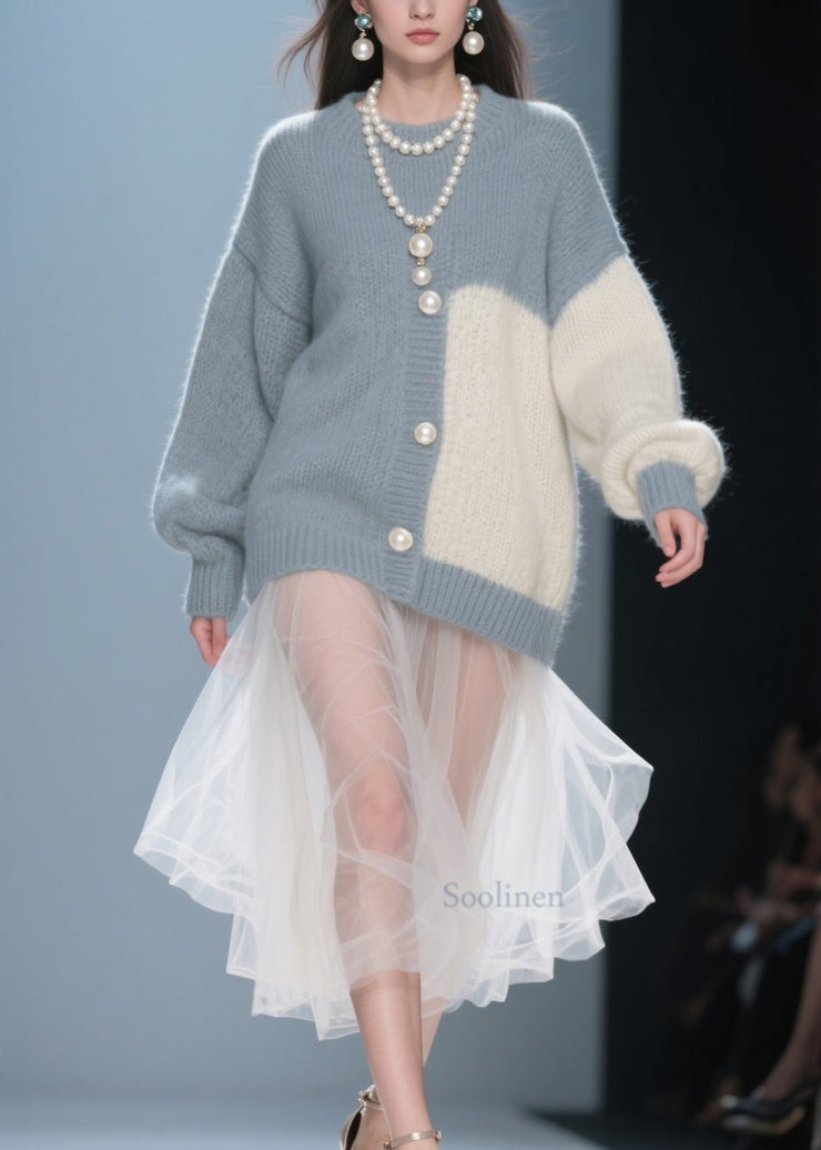 Handmade Grey O Neck Tulle Patchwork Knit Dress Fall