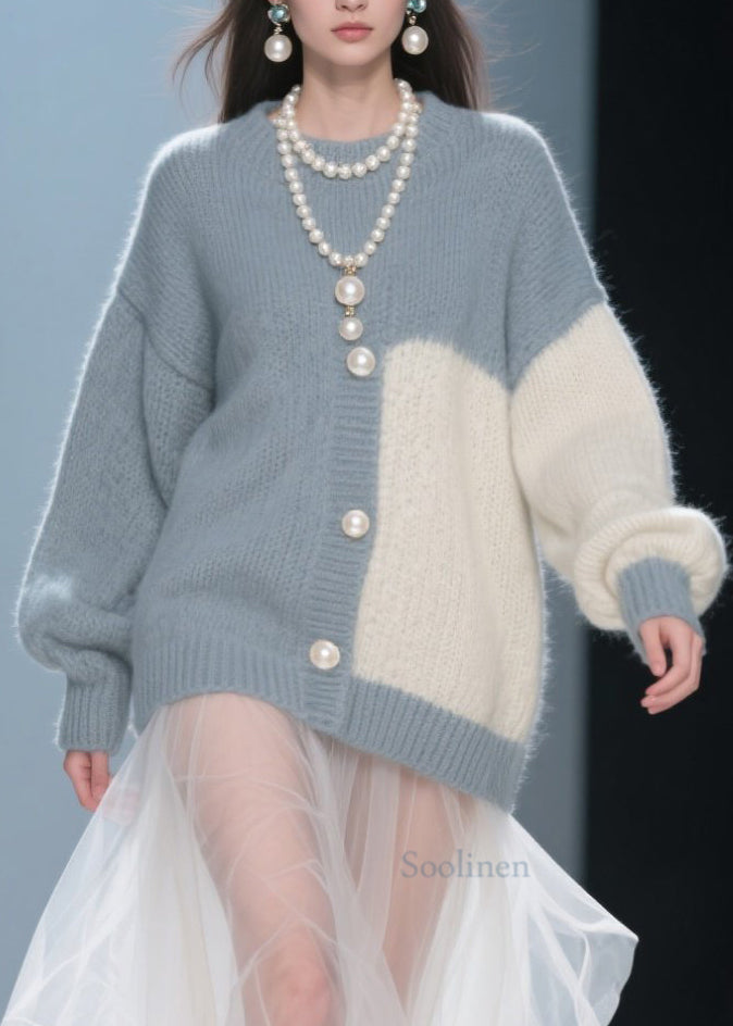 Handmade Grey O Neck Tulle Patchwork Knit Dress Fall