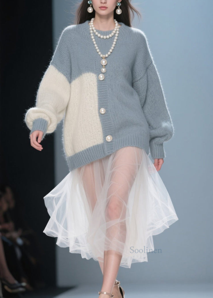 Handmade Grey O Neck Tulle Patchwork Knit Dress Fall