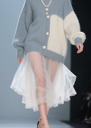 Handmade Grey O Neck Tulle Patchwork Knit Dress Fall