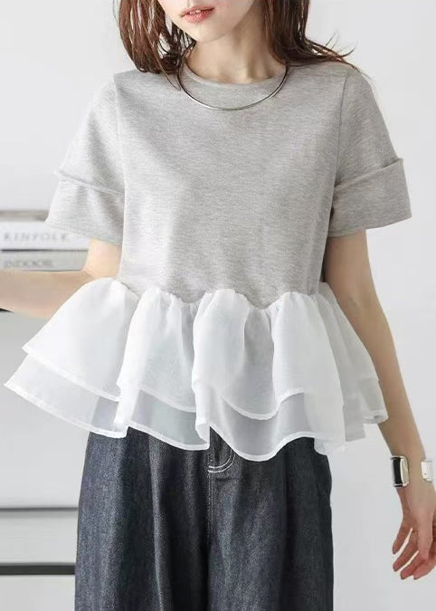 Handmade Grey Patchwork Organza Tops Summer