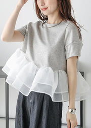 Handmade Grey Patchwork Organza Tops Summer