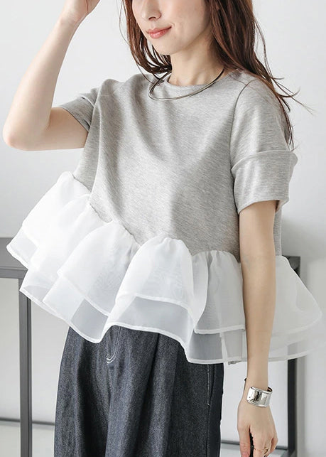 Handmade Grey Patchwork Organza Tops Summer