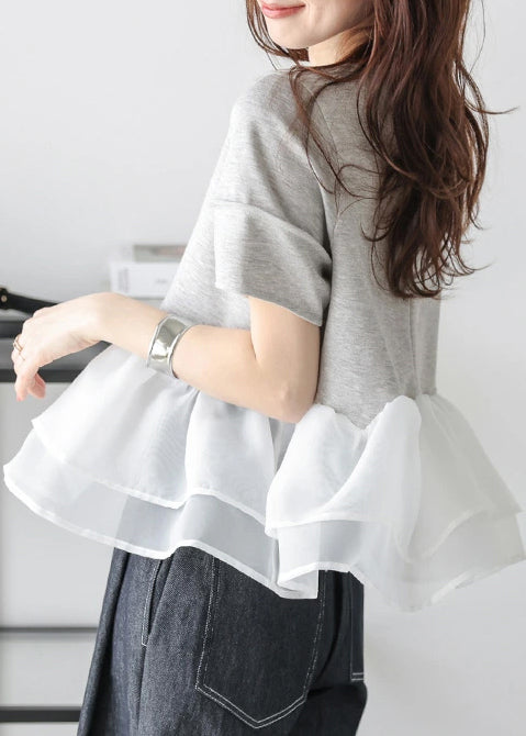Handmade Grey Patchwork Organza Tops Summer