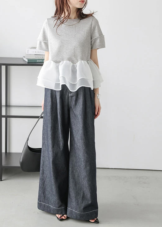 Handmade Grey Patchwork Organza Tops Summer