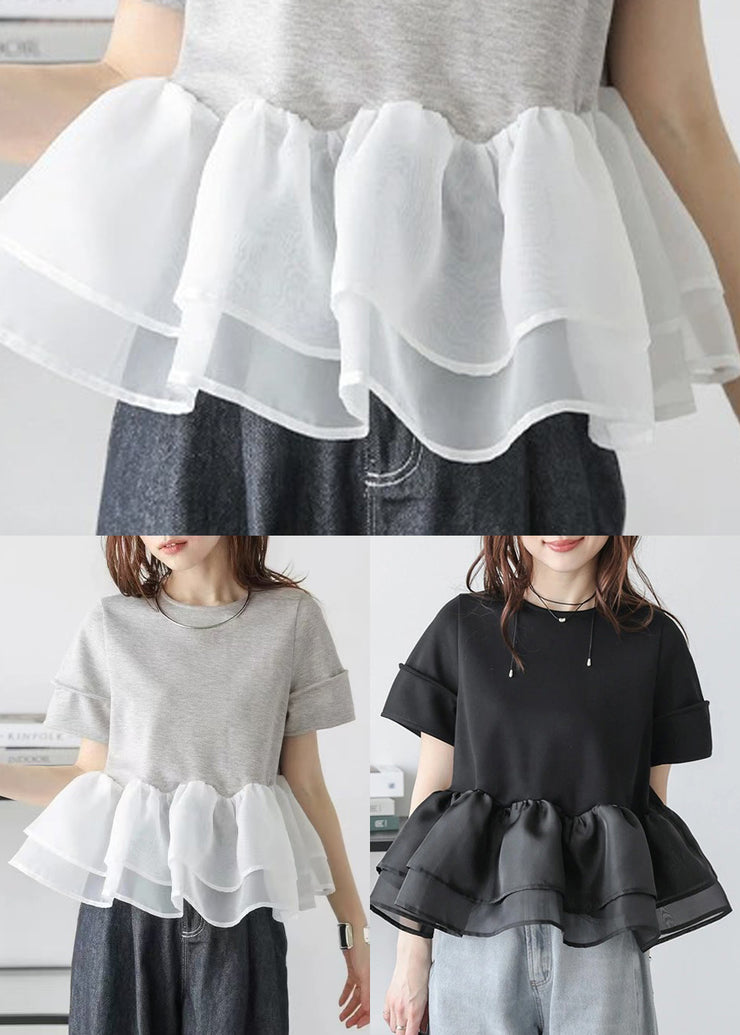 Handmade Grey Patchwork Organza Tops Summer