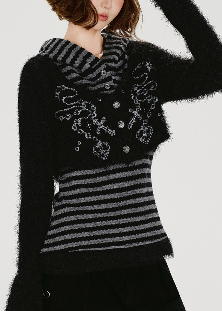 Handmade Grey Striped Patchwork Knit Fake Two Piece Pullover Winter