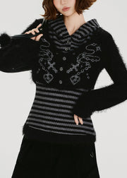 Handmade Grey Striped Patchwork Knit Fake Two Piece Pullover Winter