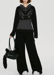 Handmade Grey Striped Patchwork Knit Fake Two Piece Pullover Winter