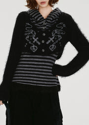 Handmade Grey Striped Patchwork Knit Fake Two Piece Pullover Winter