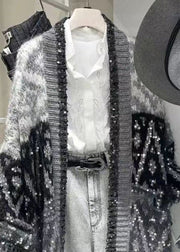 Handmade Grey V Neck Sequins Patchwork Knitted Cotton Cardigan Fall
