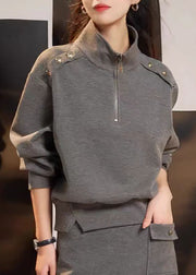 Handmade Grey Zip Up Patchwork Cotton Sweatshirt Fall