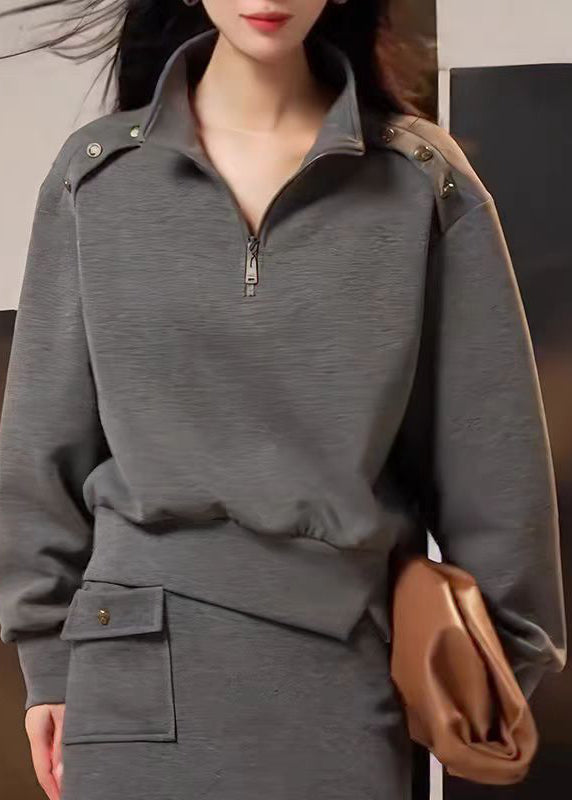 Handmade Grey Zip Up Patchwork Cotton Sweatshirt Fall