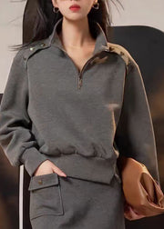 Handmade Grey Zip Up Patchwork Cotton Sweatshirt Fall