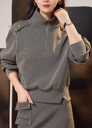 Handmade Grey Zip Up Patchwork Cotton Sweatshirt Fall