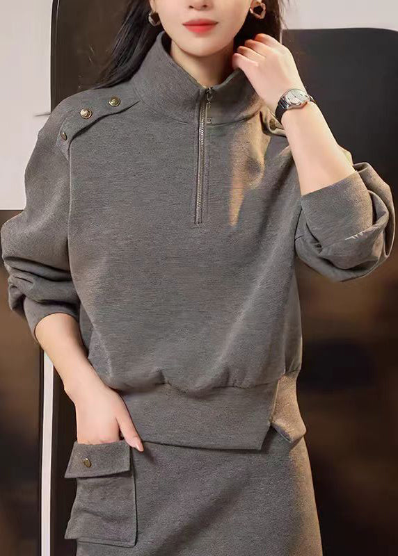 Handmade Grey Zip Up Patchwork Cotton Sweatshirt Fall