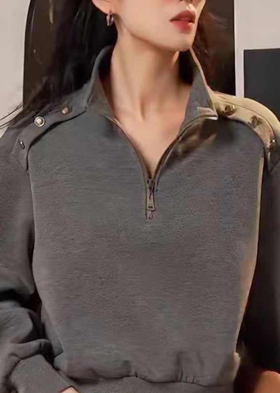 Handmade Grey Zip Up Patchwork Cotton Sweatshirt Fall